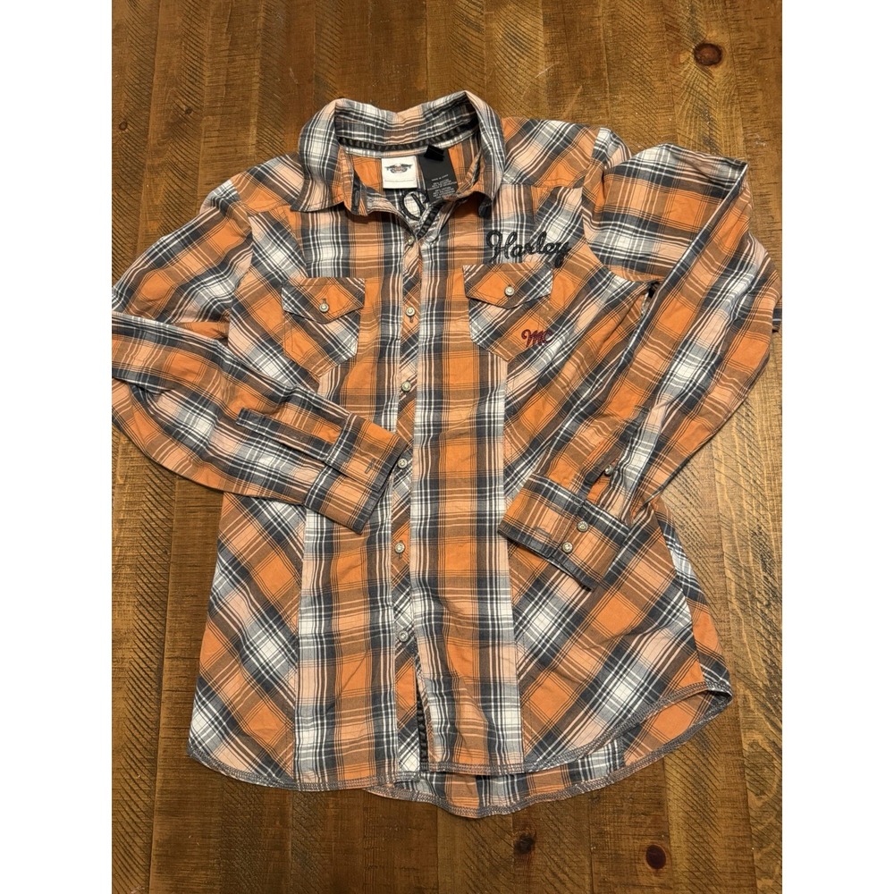 Harley Davidson Shirt Women's Medium Long Sleeve Plaid orange black Embroidered